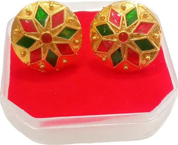 (Pack_Of_2)_Assamese_Traditional_Copper_Gold_Plated_Red_Green_Colour_Earring_Set_For_Girls_&_Women
